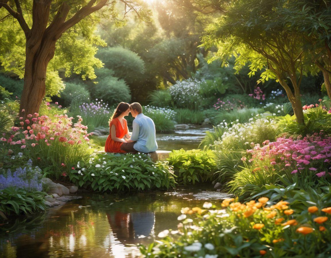 A serene scene depicting two people engaging in a heartfelt conversation in a lush garden, surrounded by blooming flowers that symbolize compassion. Soft, warm sunlight filters through the leaves, illuminating their faces with warmth and care. In the background, a gentle stream flows, representing the nurturing nature of healthy relationships. The image should evoke feelings of peace, connection, and empathy. super-realistic. vibrant colors. soft focus.