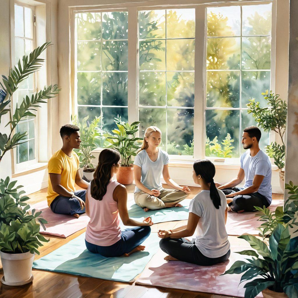 An intimate and serene scene depicting a diverse group of people engaging in nurturing activities like meditation, counseling, and couple therapy sessions in a cozy, warmly-lit setting. Incorporate elements of nature, like plants and soft sunlight filtering through windows, to symbolize emotional well-being. Use comforting colors and expressions of empathy and connection among individuals. watercolor painting. soft pastel colors. peaceful atmosphere.