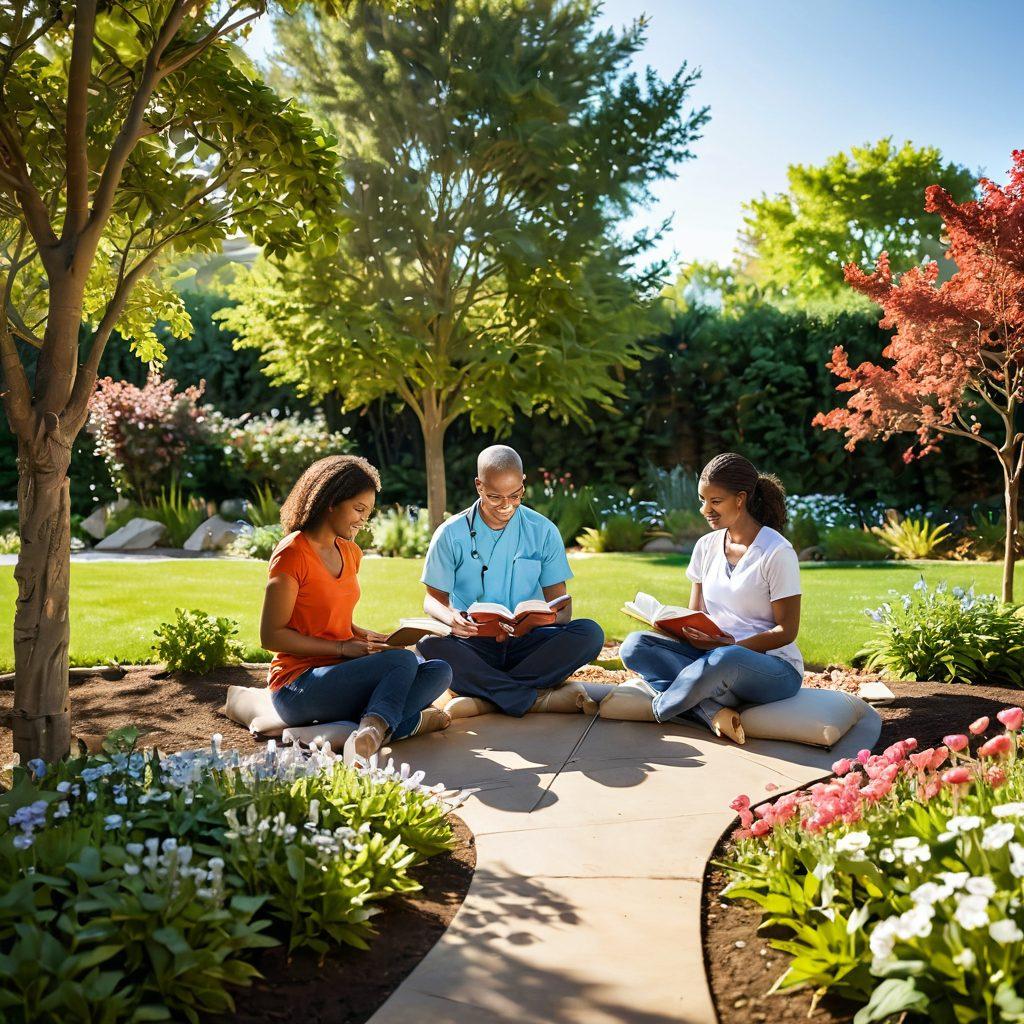 A serene and inviting scene depicting diverse couples engaging in therapeutic activities, such as sharing a book and practicing mindfulness in a sunlit garden. Include symbols of love and mental wellness, like hearts and calming colors, with a backdrop of the MWU Medical Center. Emphasize warmth and connection, showcasing a peaceful atmosphere. vibrant colors. super-realistic. nature elements.